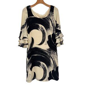 Muse Womens Size 10 Ruffle Sleeve Dress Black  Beige Abstract Print knit New